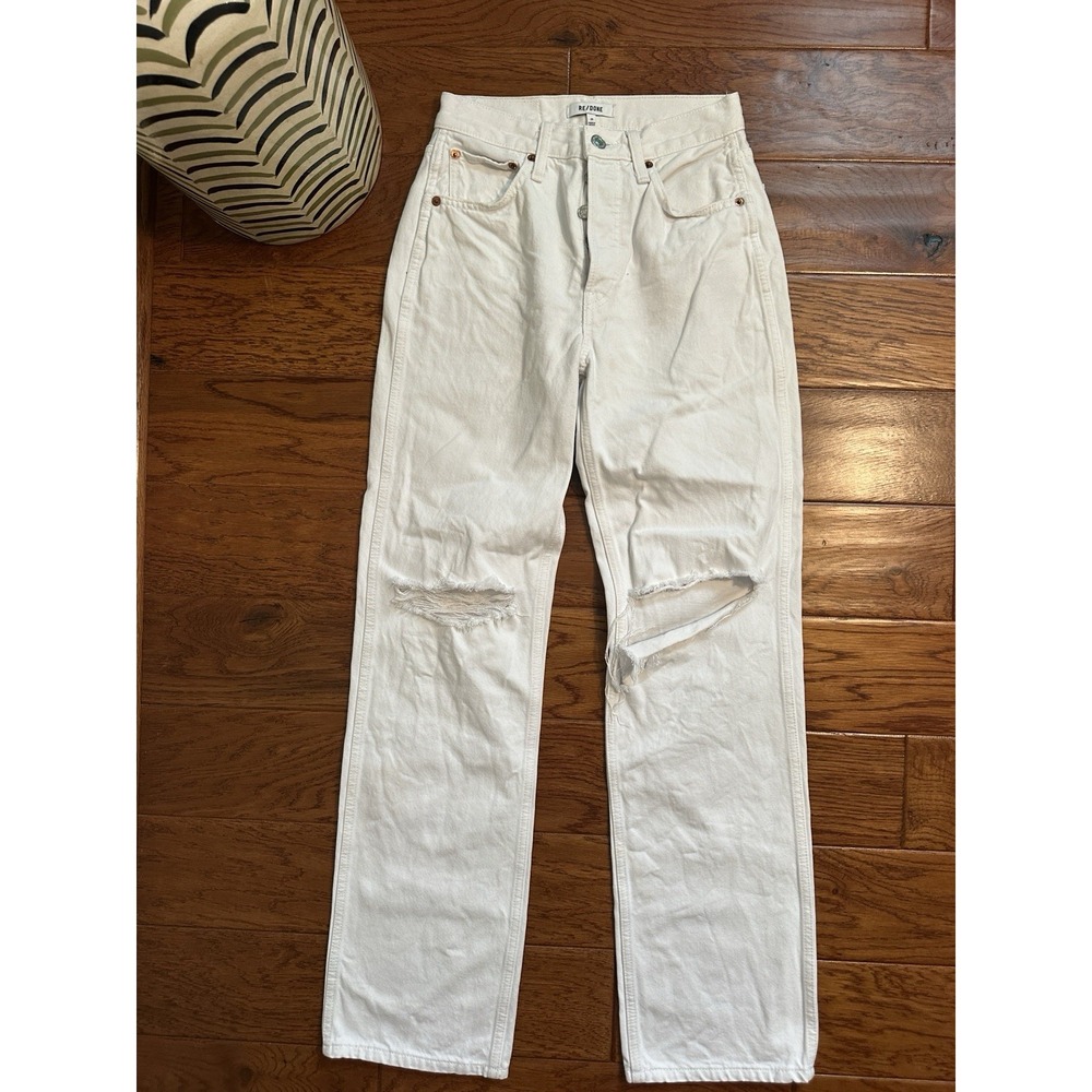 RE/DONE Womens Size 25 White Ripped High Rise Straight Jeans 184-3WHRL